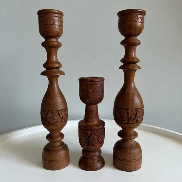 Vintage Set of 3 Hand Carved Wooden Candlesticks Boho Home Decor India - Picture 1 of 9